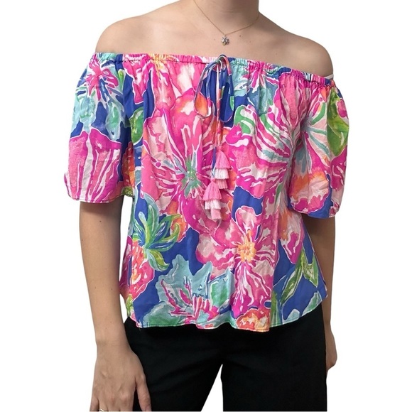 Lilly Pulitzer Blouse Off Shoulder Floral Pink Summer Dainty Size Extra Small - Picture 1 of 6